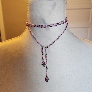 Womens Y2K Pink Black Star Beaded Wrap Necklace
